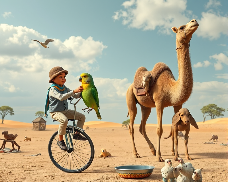 puppet, dog, parakeet, unicycle, potato chip, camel